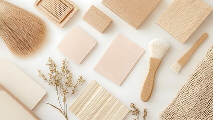 Minimalist flat lay with pink boxes, beige paper, wood tools, and a dried bloom on white. Soft tones with a touch of nature.

