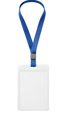 Blank white ID badge with a blue lanyard, perfect for corporate branding, presentations, or mockups. Isolated on white background. PNG format.