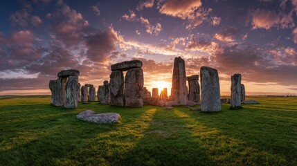 Golden Sunrise Over Stonehenge – Ancient Stones Illuminated by Morning Light and Shadows