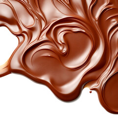Naklejka premium Swirls of rich, dark melted chocolate create an abstract, delicious background with creamy brown drops flowing onto white