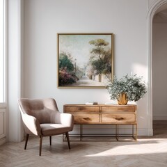 Framed landscape painting in light-filled room