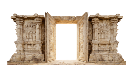 Open stone temple double doors, ancient carvings glowing with light, isolated on white