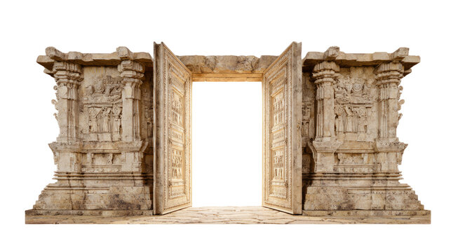 Open stone temple double doors, ancient carvings glowing with light, isolated on white