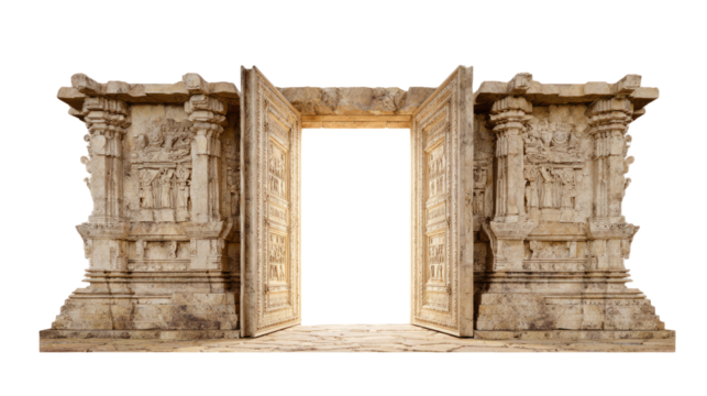Open stone temple double doors, ancient carvings glowing with light, isolated on white