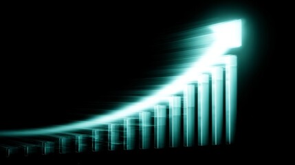 Naklejka premium Dynamic glowing bar chart with ascending neon cyan bars on black background, highlighted by diagonal cyan light beam symbolizing growth and progress.