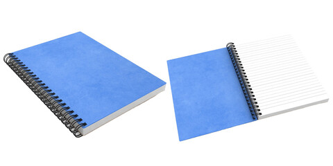A blue spiral-bound notebook, one closed and one open with lined pages, ideal for note-taking and...