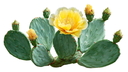 Prickly pear cactus with flat green pads and blooming yellow flower, isolated on white