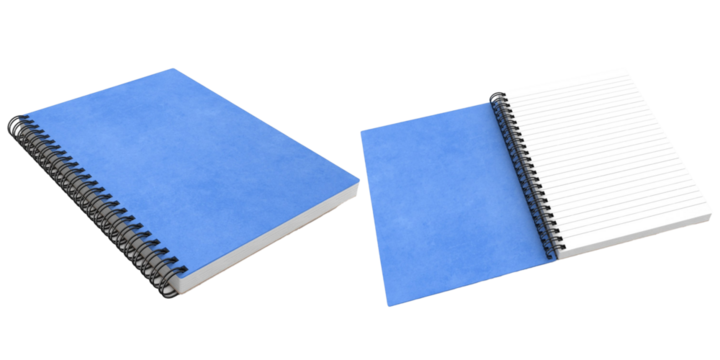 A blue spiral-bound notebook, one closed and one open with lined pages, ideal for note-taking and organization.