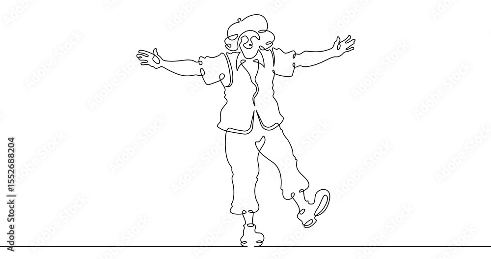 Poster continuous one line drawing circus clown. a clown in a funny costume performs in a circus. circus pe