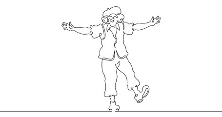 Continuous one line drawing circus clown. A clown in a funny costume performs in a circus. Circus performance. One continuous line isolated minimal illustration.Not AI.