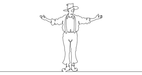 Continuous one line drawing circus clown. A clown in a funny costume performs in a circus. Circus performance. One continuous line isolated minimal illustration.Not AI.