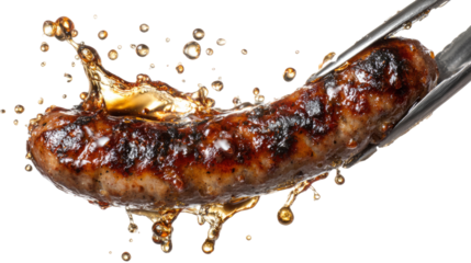 Sizzling sausage link held mid-air in tongs, glistening oil and browning, white background