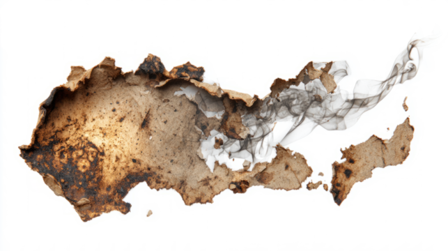 paper frame with irregular burnt shape and smoke stains