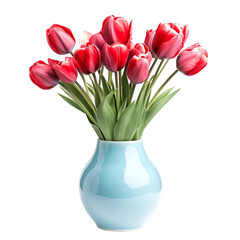 Red tulips in a light blue vase a beautiful bouquet of spring flowers