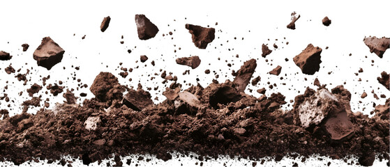 Chunks of brown soil and dirt levitate against a stark black backdrop in this compelling, earthy illustration, transparent background