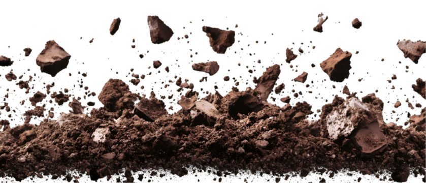 Chunks of brown soil and dirt levitate against a stark black backdrop in this compelling, earthy illustration, transparent background