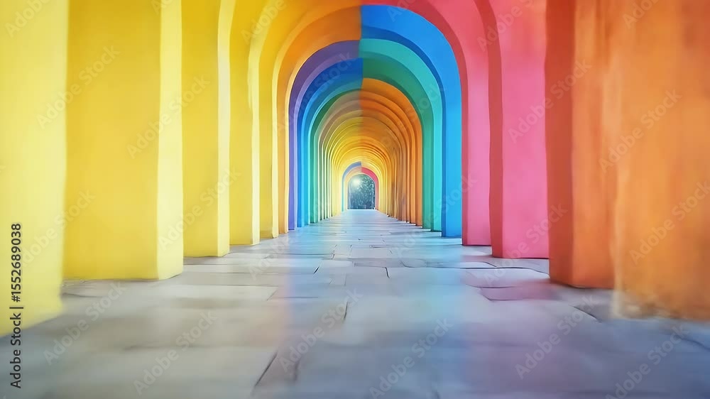 Poster vibrant rainbow colored arches form tunnel with bright end in the background and stone floor in a ge