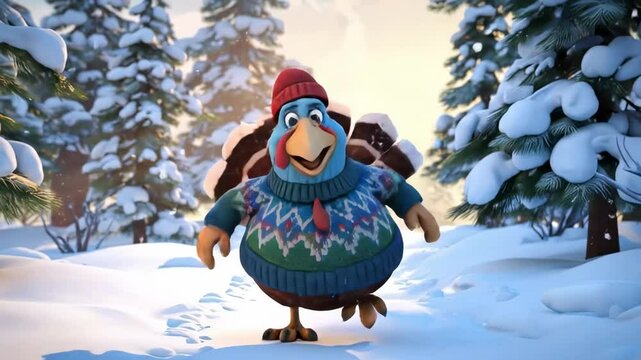 turkey animations - A cheerful cartoon turkey wearing a festive sweater and hat joyfully runs through a snowy forest, surrounded by pine trees and a beautiful winter landscape