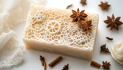 A soap bar with lace, gear parts, and dried spice, placed neatly with soft light on a clean white space.

