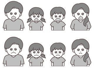 ムカムカ＆困った顔の家族イラスト(白黒グレー)