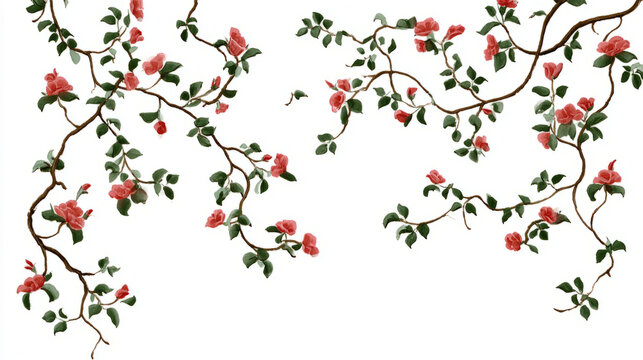Wild rose vines climbing in curved spirals minimal on white