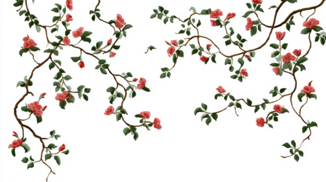 Wild rose vines climbing in curved spirals minimal on white