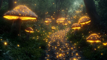 Mystical forest path with glowing mushrooms and fireflies illuminating the way