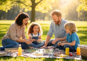 Diverse Family Laughing and Playing Board Game on Picnic Blanket in Sunny Park