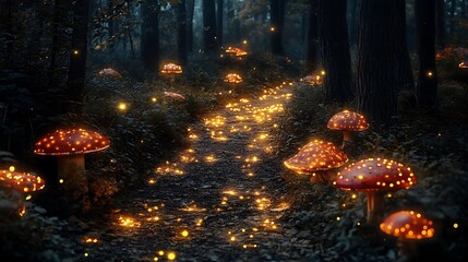 Mystical forest path with glowing mushrooms and fireflies illuminating the way