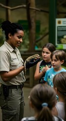 Diverse Zoo Educator Holding Small Animal and Engaging Curious Group for Learning