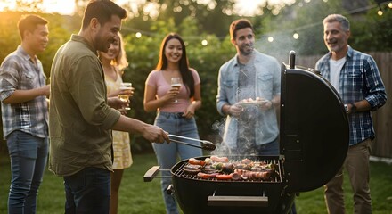 Diverse Friends and Family Gathered Casually Around Active Barbecue Grill in Backyard