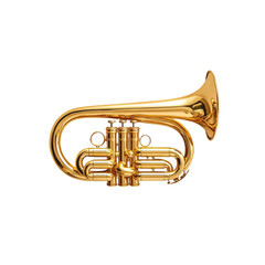 Obraz premium Golden trumpet musical instrument close up view brass valves shiny metallic