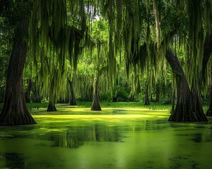 Mystical green swamp with ancient trees draped in hanging moss