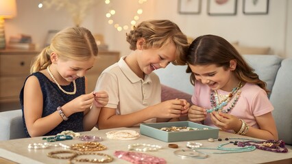 Fototapeta premium Three children making jewelry together at a table with beads bracelets and necklaces visible