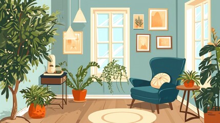 Tranquil living room an armchair amongst lush potted plants and artwork, bathed in soft sunlight streaming through windows.