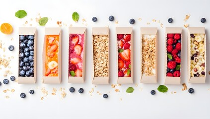 Smoothies, berries, and granola placed in kraft boxes, aligned on white. A healthy, modern flat lay for clean eating.

