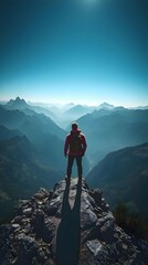 Breathtaking Lone Hiker on Rocky Mountain Ridge Gazing at Majestic Peaks Under Clear Blue Sky