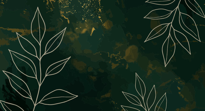 Elegant green and gold abstract background with botanical leaf line art accents