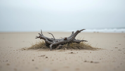 Weathered Driftwood Root on Sandy Beach with Sparse Grass and Overcast Sky