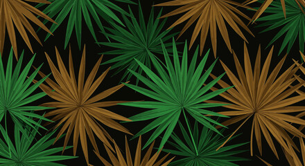 Abstract Palm Leaf Pattern with Green and Golden Leaves on Black Background