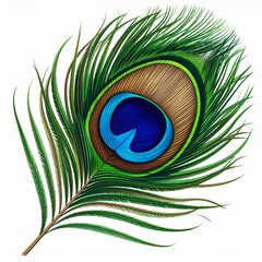 Obraz premium Vibrant Peacock Feather Closeup on White Background