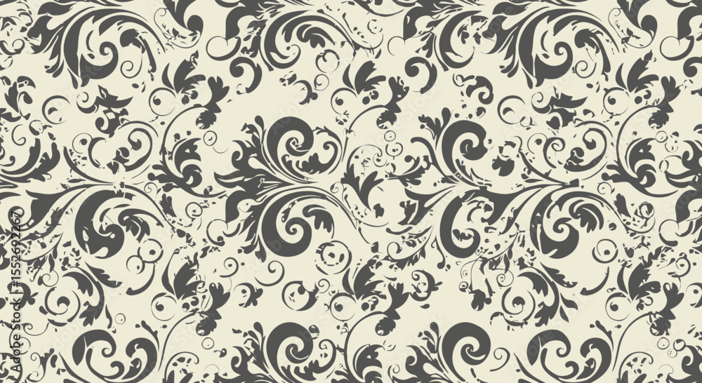 Poster elegant damask pattern with swirling floral elements and distressed texture