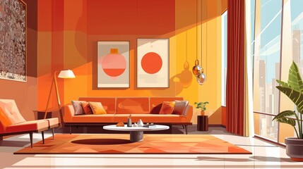 Stylish modern living room with orange furniture, abstract art, and a city view from a large window.