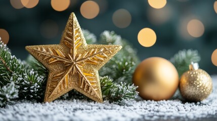 Festive Christmas still life with golden star and ornaments
