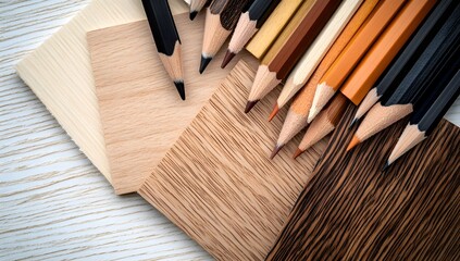 A clean white backdrop with pencils and black-inked paper atop small wood-textured cards. Calm, natural mood with real shadows and lighting.

