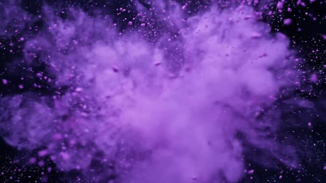 Purple powder explosion creates a vibrant and dynamic abstract pattern. Purple color forms a unique dust cloud. 4k video