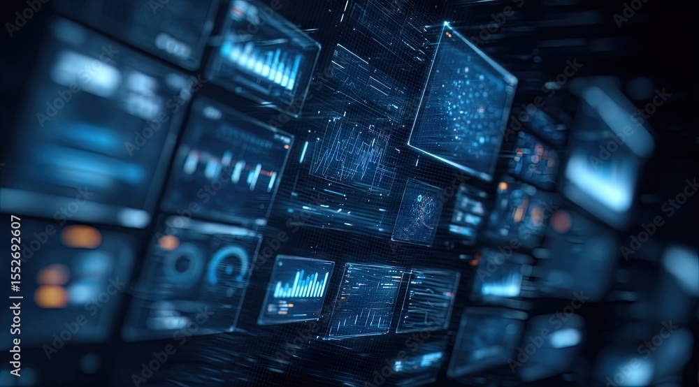 Aufkleber a digital landscape of numerous glowing screens displaying graphs, charts, and data streams in a dar