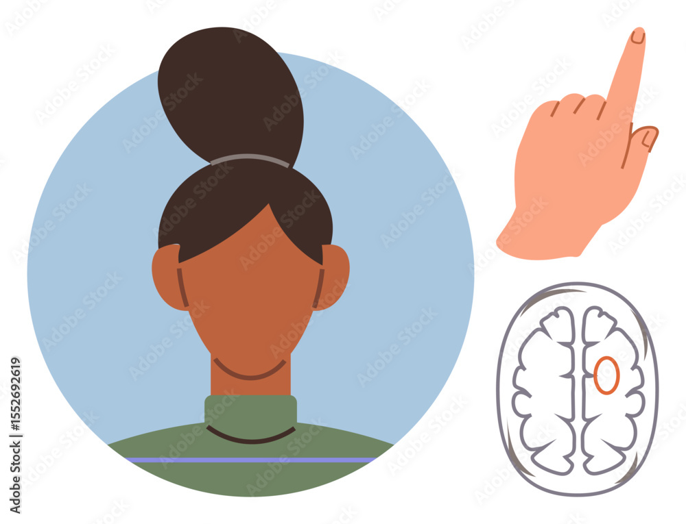 Poster womans head profile in focus, hand pointing in interaction, and labeled brain structure. ideal for p