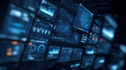 A digital landscape of numerous glowing screens displaying graphs, charts, and data streams in a dark blue, futuristic style
