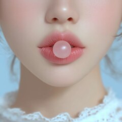 Fototapeta premium Woman shows pink bubblegum against a soft blue pastel background